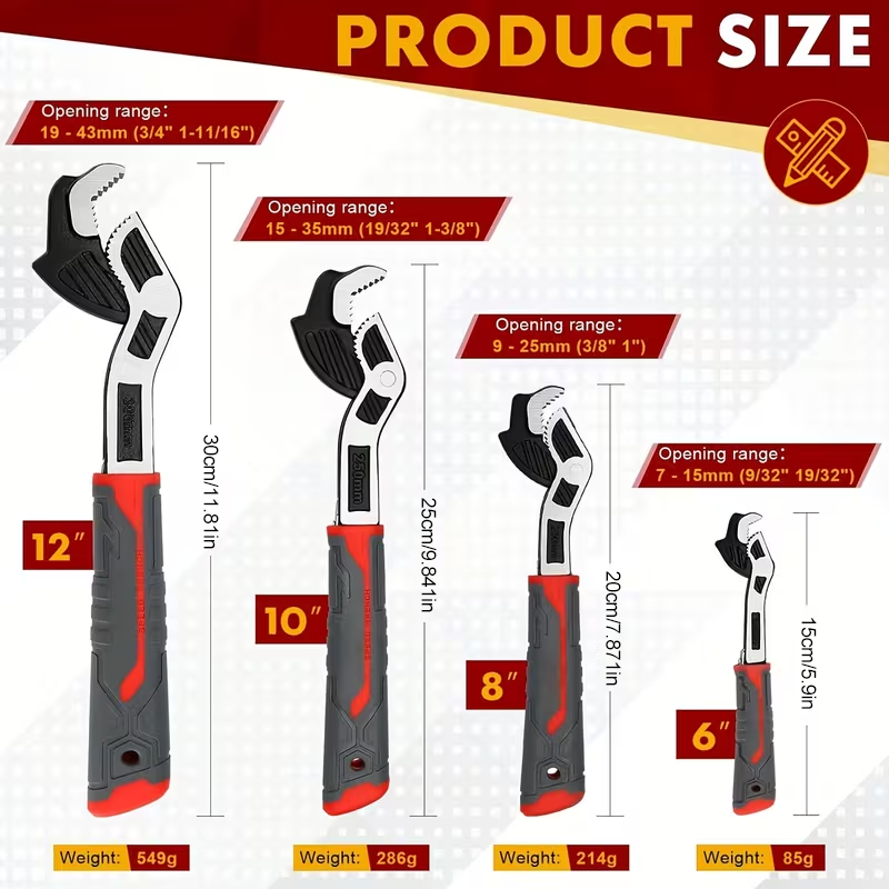 Pipe Wrench Adjustable - 6, 8, 10, and 12-inch heavy-duty